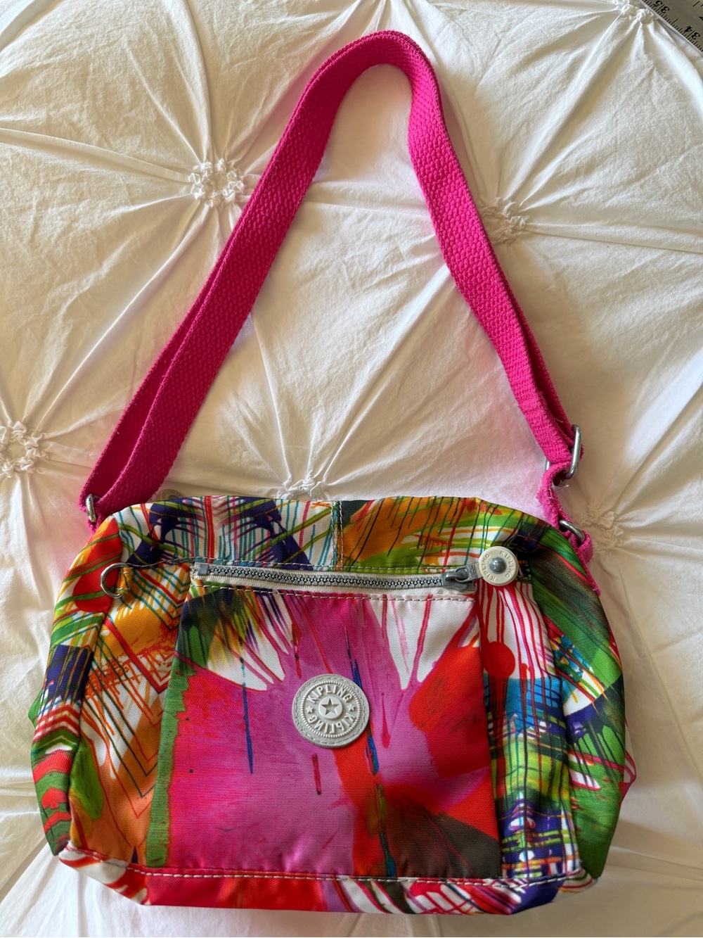 Kipling Colourful Abstract Print Crossbody Bag Pink Strap - Picture 12 of 12